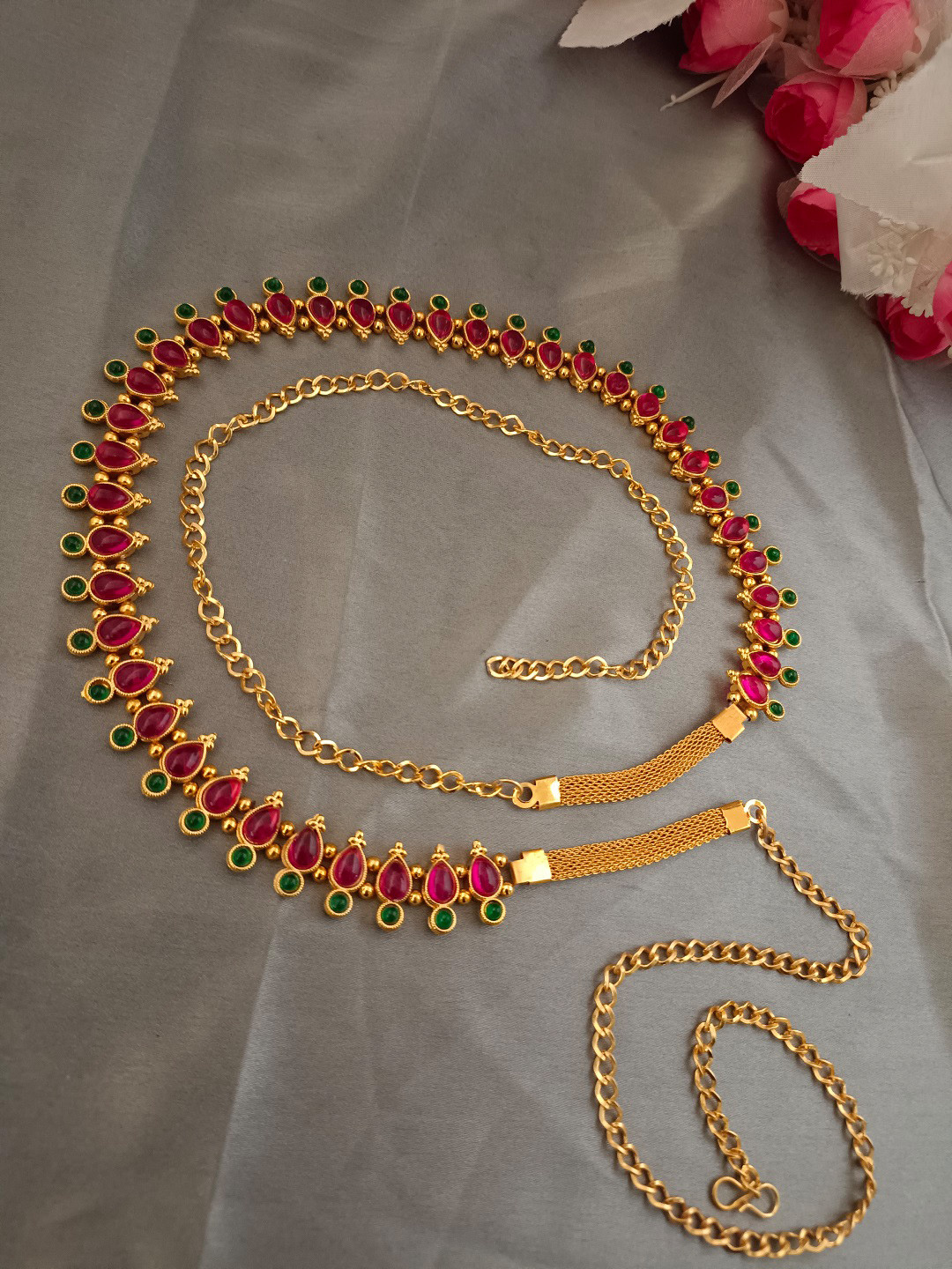 Sanjog Gold-Plated Pink & Green Stone-Studded Waist Chain Kamarbandh