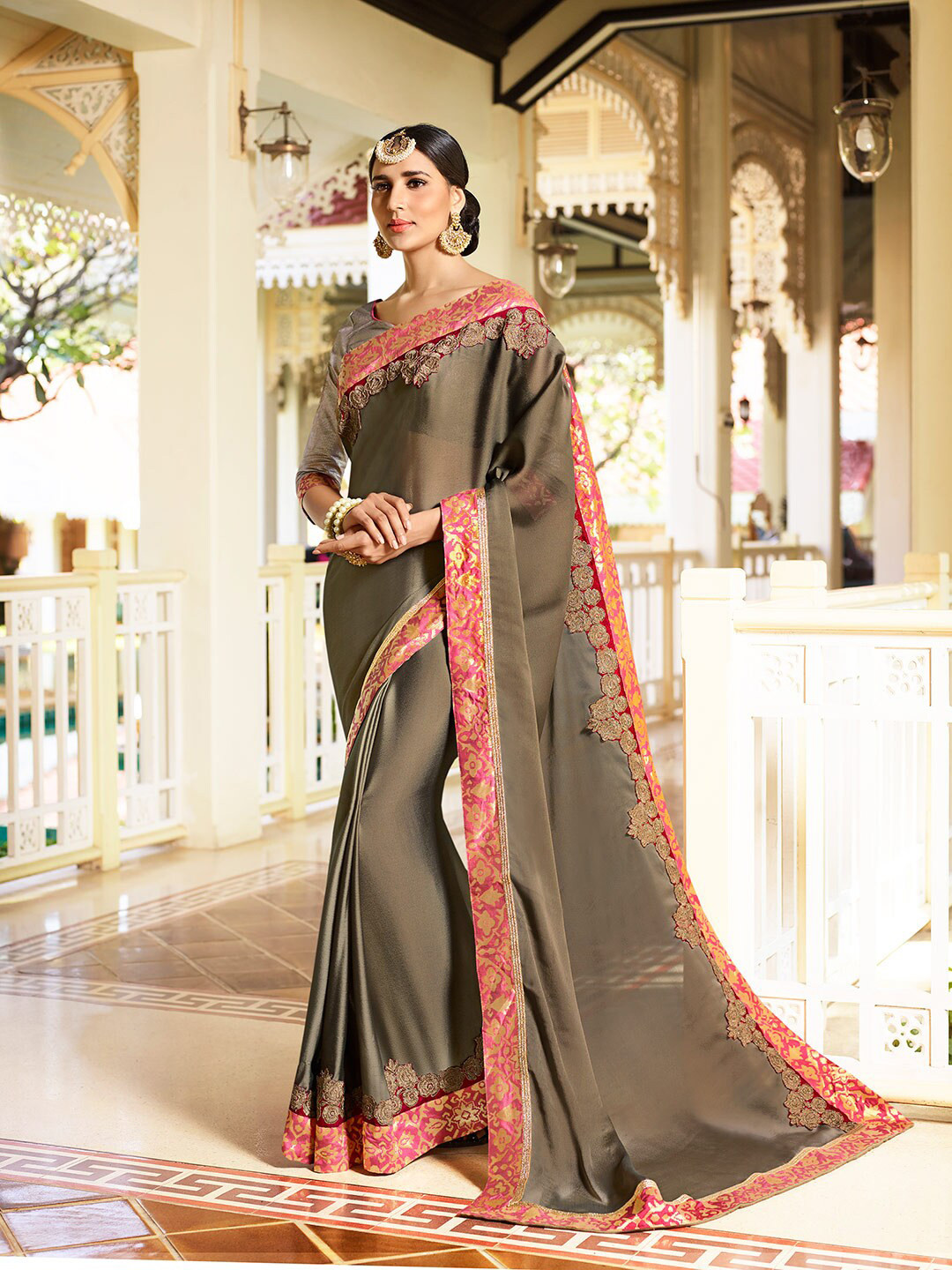 Shaily Brown & Red Embroidered Pure Crepe Saree