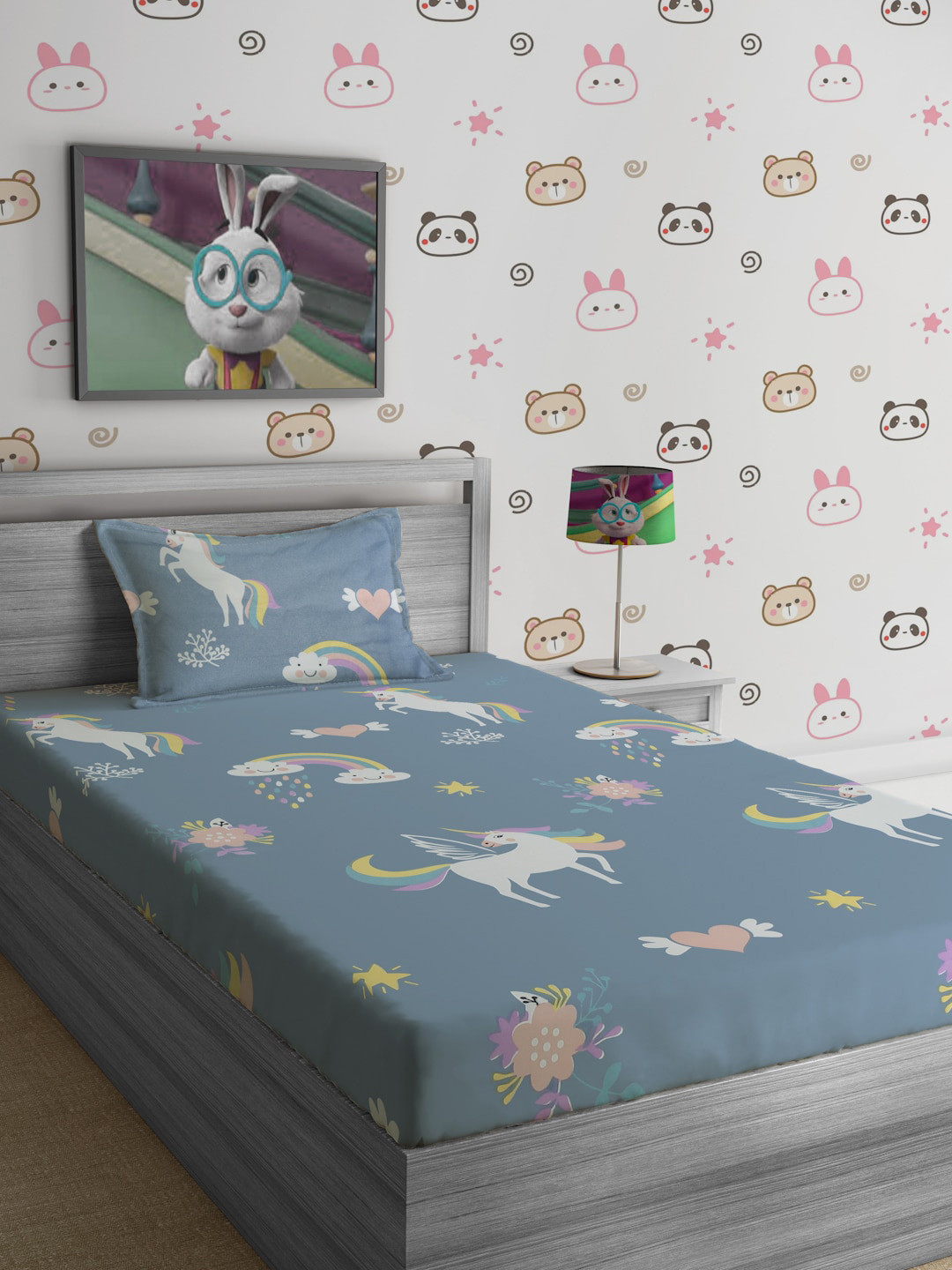 SOKNACK Blue Cartoon Characters Polycotton 300 TC Single Fine Bedsheet with a Pillow Cover-152 x 228 cm