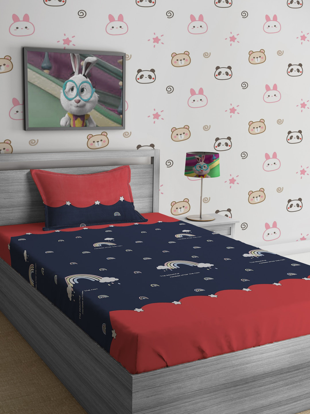 SOKNACK Navy Blue Conversational Polycotton 300 TC Single Fine Bedsheet with a Pillow Cover-60 x 90 inches