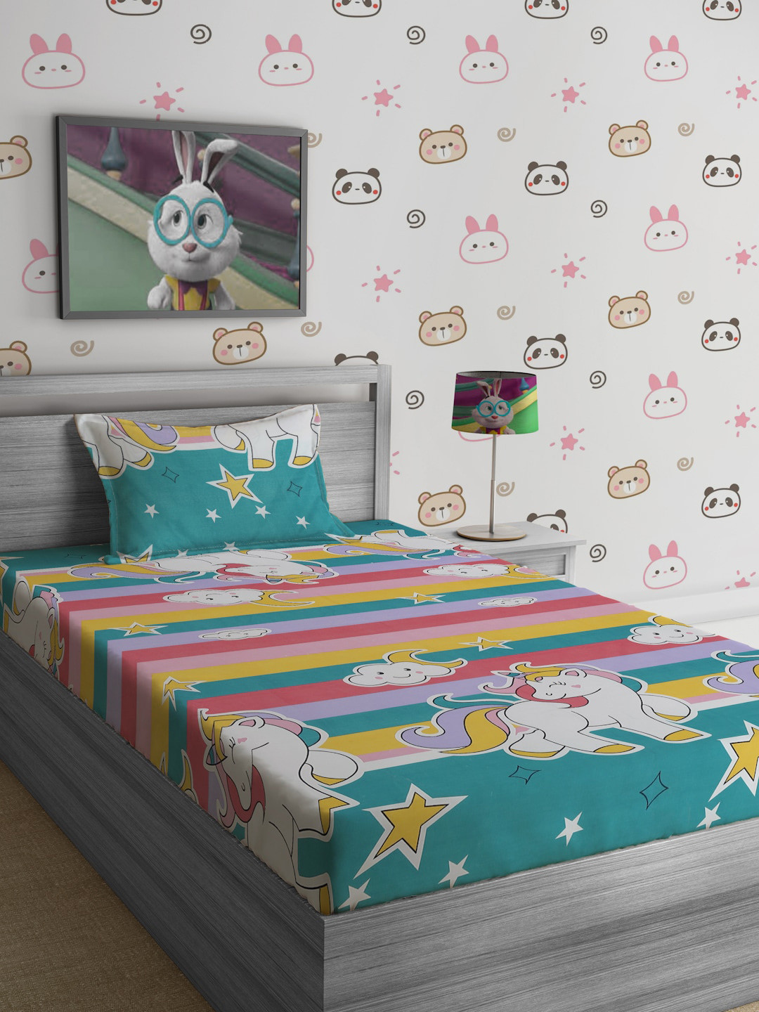 SOKNACK Multicoloured Cartoon Characters Polycotton 300 TC Single Fine Bedsheet with a Pillow Cover-60 x 90 inches