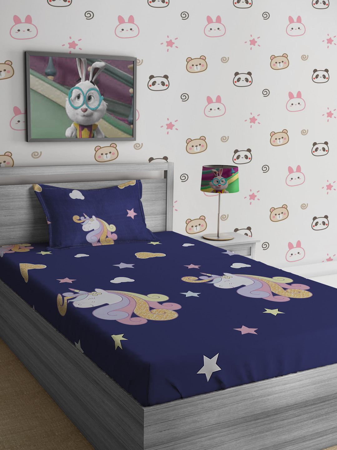 SOKNACK Navy Blue Cartoon Characters Polycotton 300 TC Single Fine Bedsheet with a Pillow Cover-60 x 90 inches