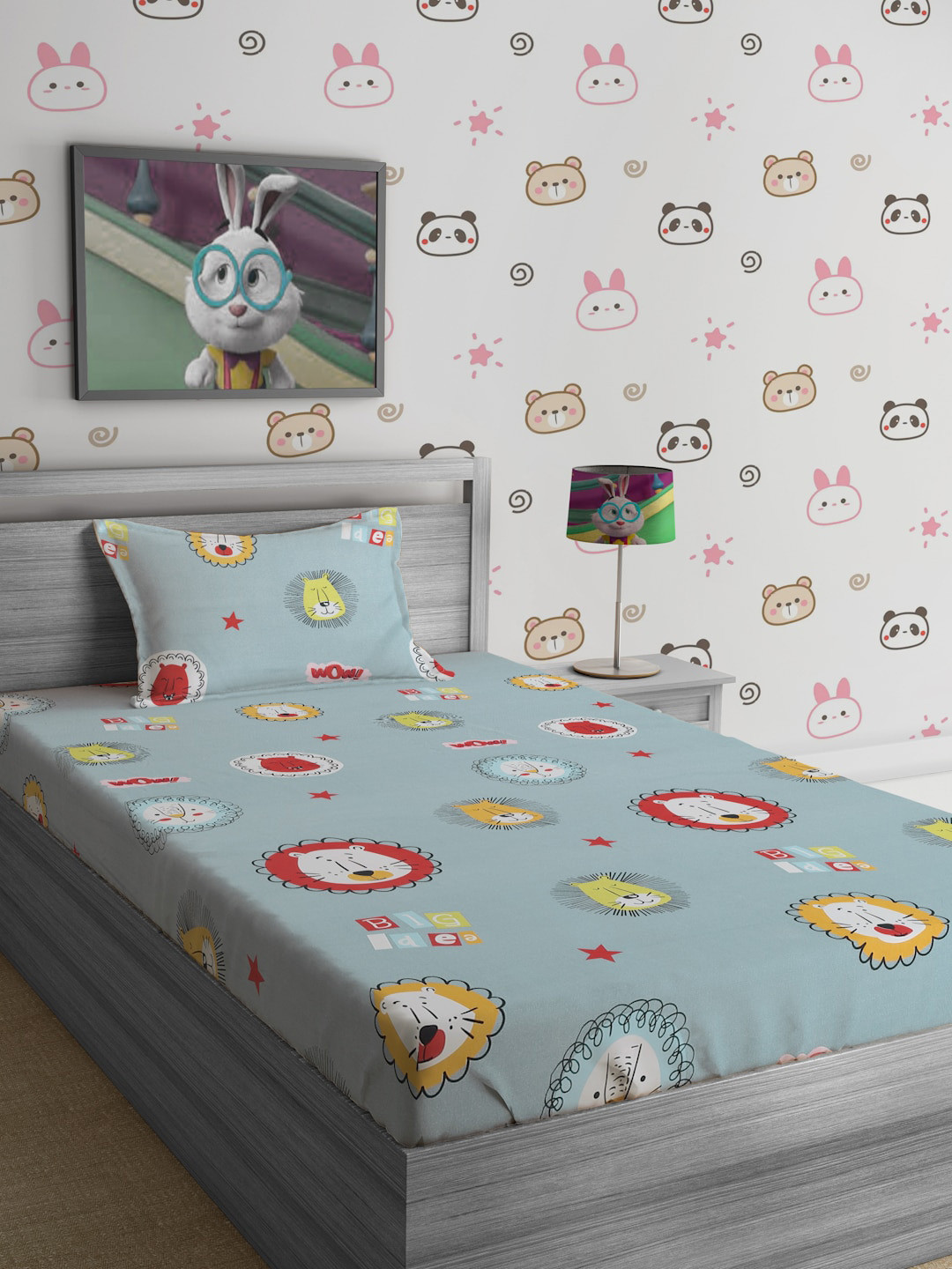SOKNACK Blue Cartoon Characters Polycotton 300 TC Single Fine Bedsheet with a Pillow Cover-60 x 90 inches