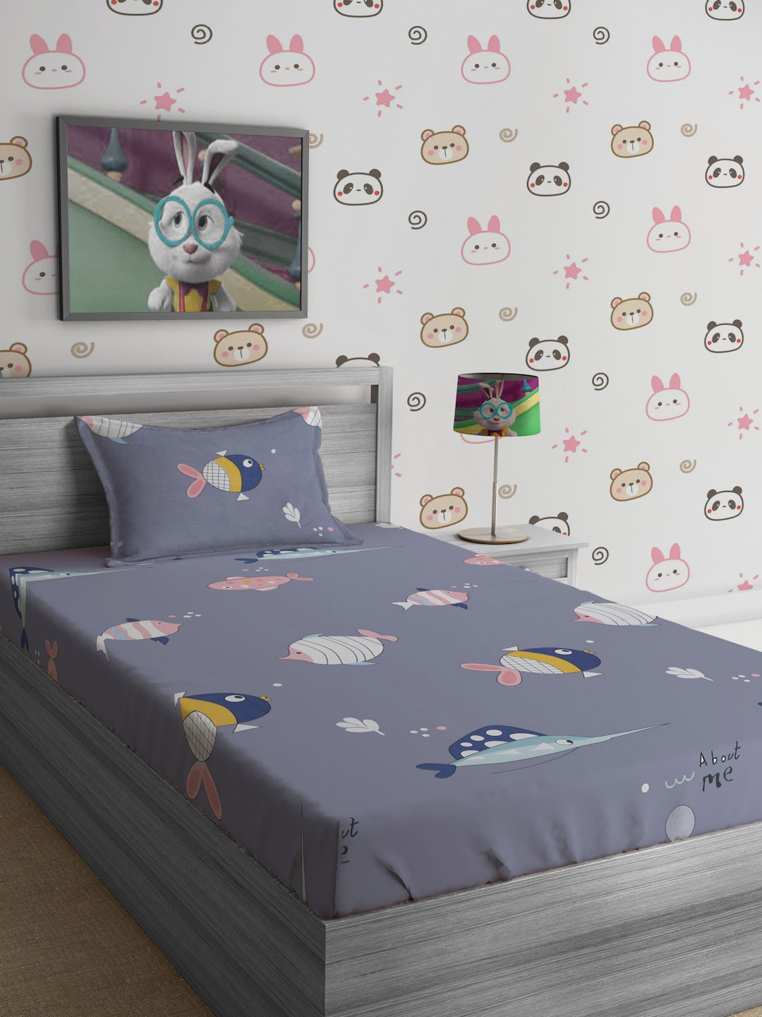 SOKNACK Grey Animal Polycotton 300 TC Single Fine Bedsheet with a Pillow Cover-60 x 90 inches