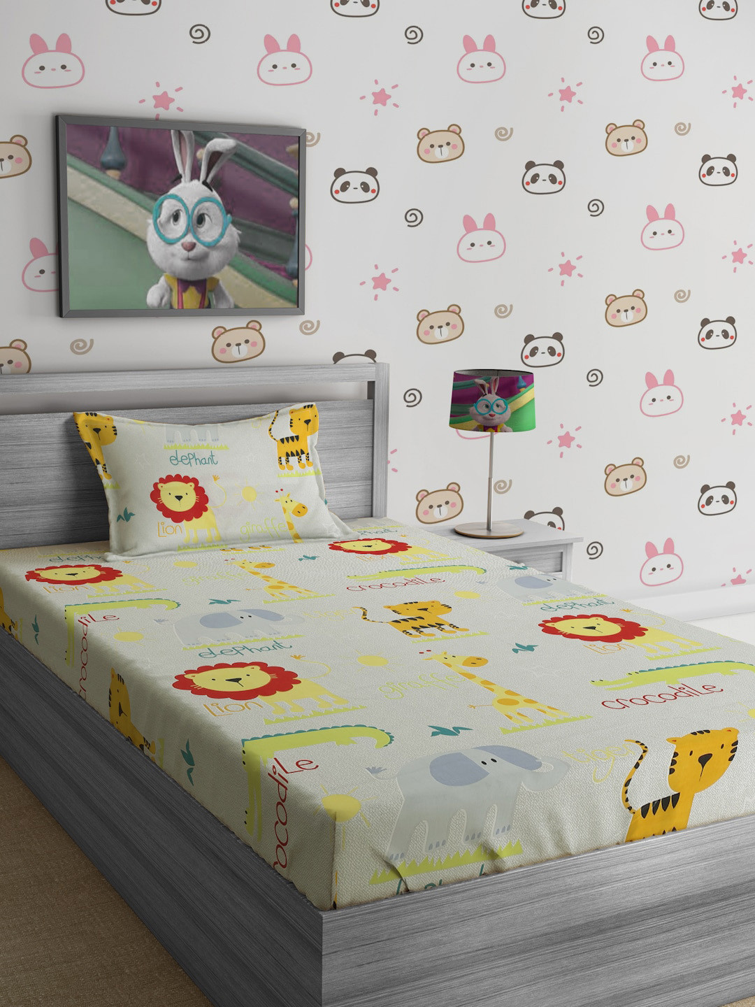 SOKNACK Lifestyle Off White Conversational Polycotton 300 TC Single Fine Bedsheet with a Pillow Cover-228 x 152 cm
