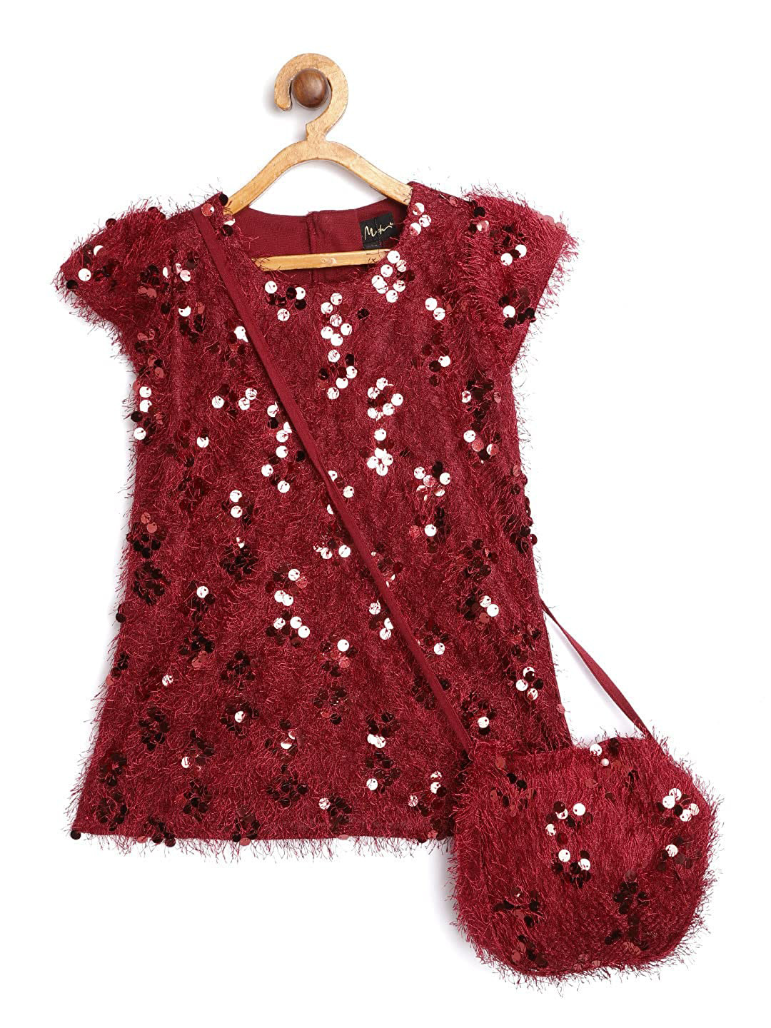 Bella Moda Maroon Sequinned Embellished A-Line Dress with Sling Bag