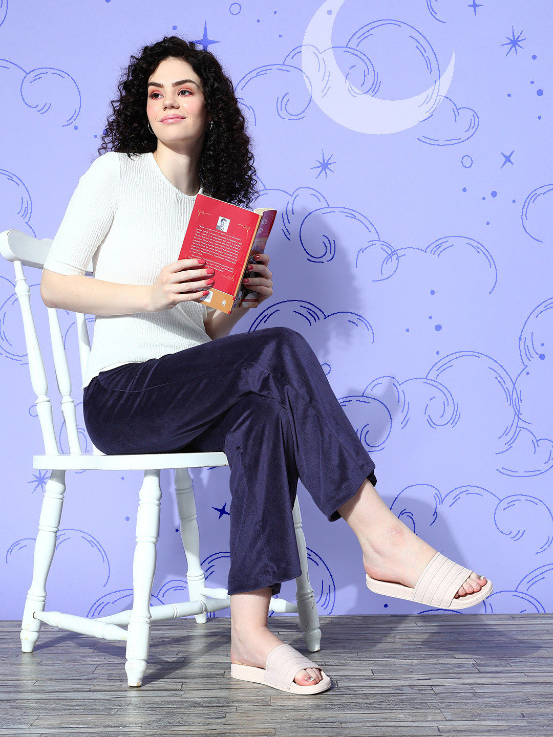 DRAPE IN VOGUE Women Deep Navy Blue Solid Velvet Lounge Pants