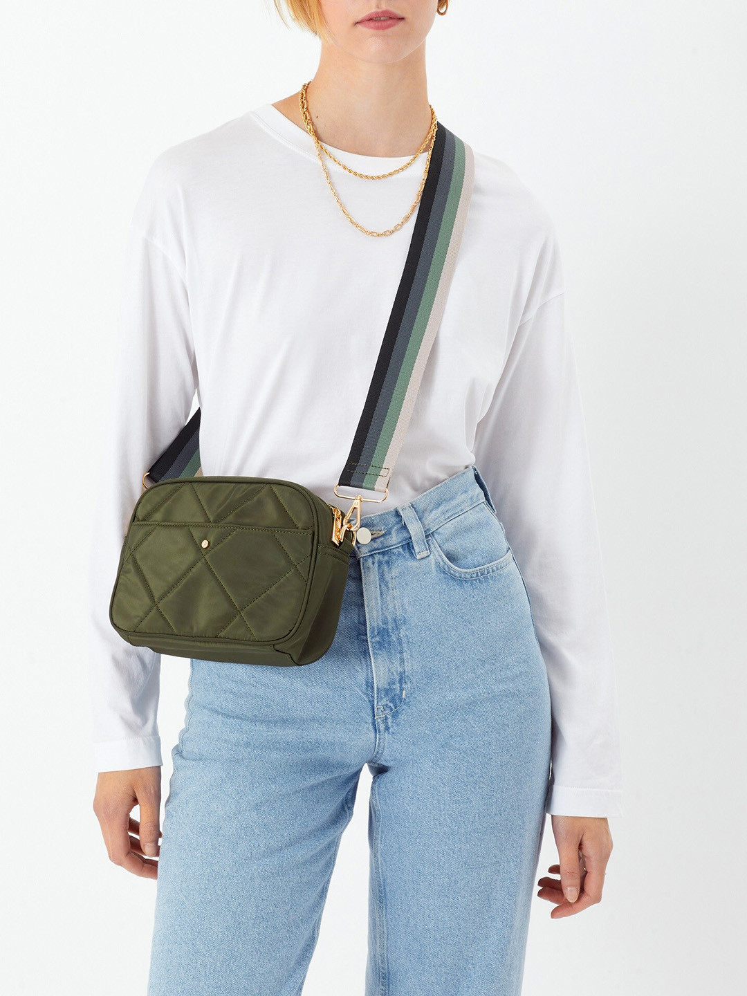 Accessorize London Women Faux Leather Khaki Nina Nylon Quilted Sling Bag