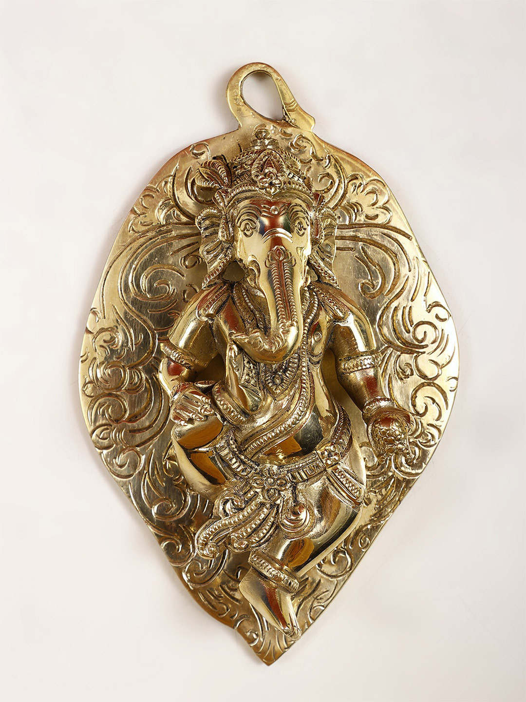 Exotic India Lord Ganesha Brass Ethnic Motifs Glossy Pooja Room Spiritual Wall Decor-5.9In