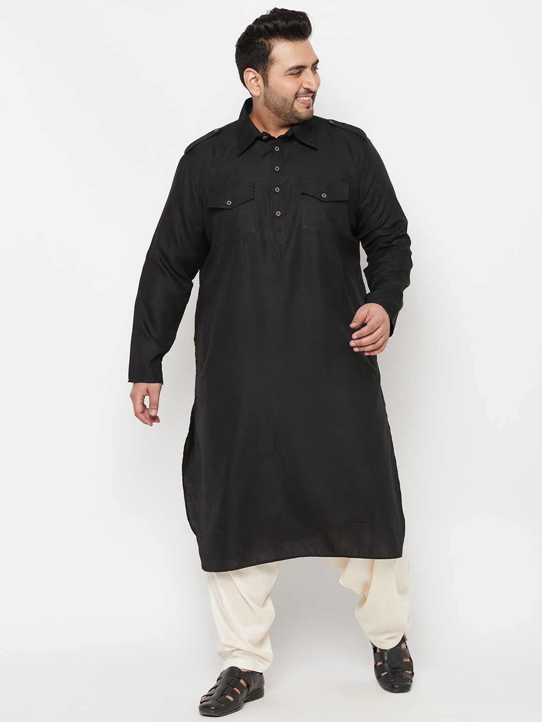 VASTRAMAY Men Black And Cream Pathani Kurta With Pyjama