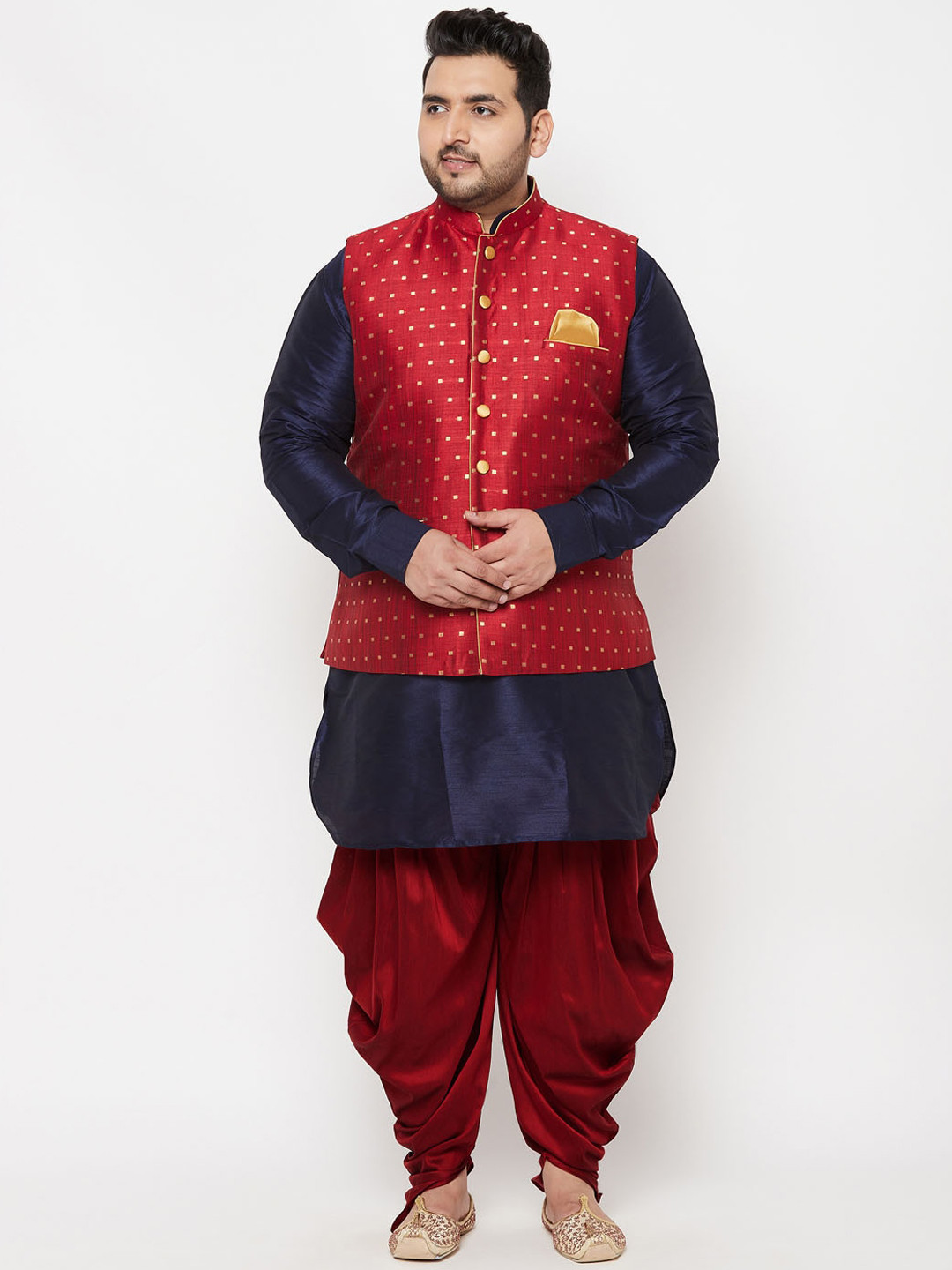 VASTRAMAY Men Plus Size Navy Blue And Maroon Kurta With Patiala & Jacket