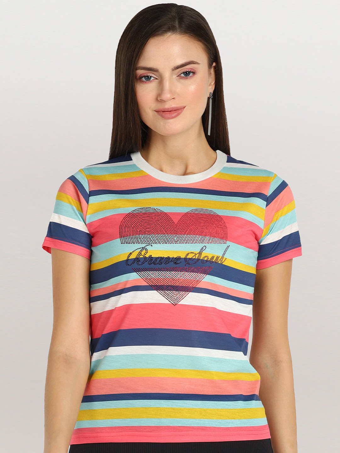 shashvi Women Multicoloured Striped Sequins Embellished T-shirt