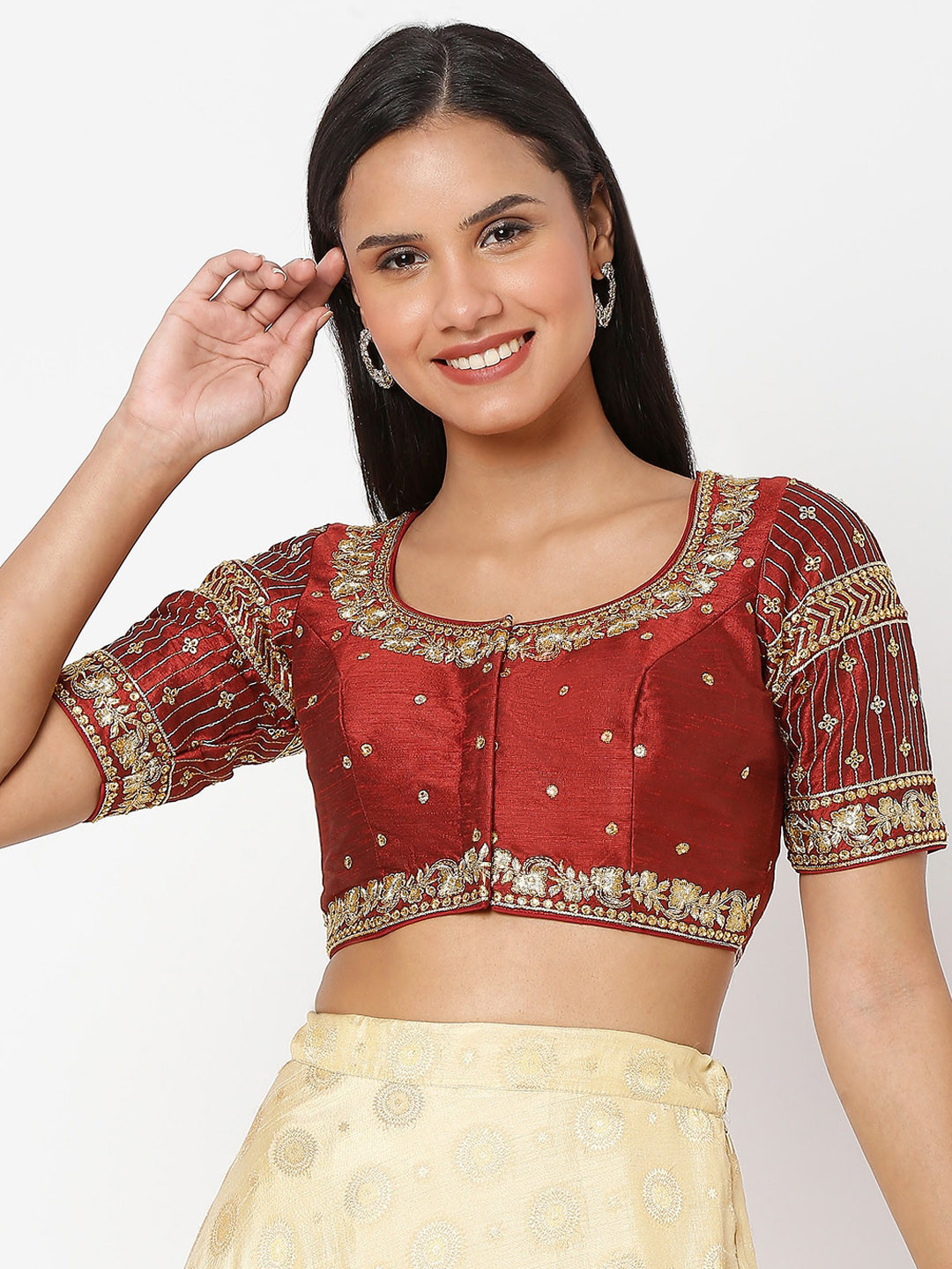 SALWAR STUDIO Women Maroon Embroidered Saree Blouse