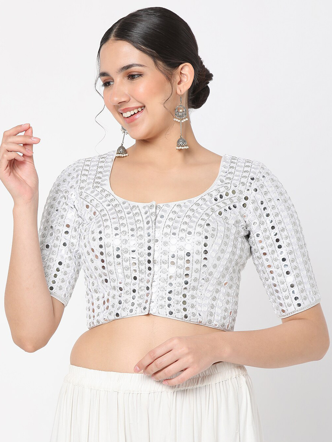 SALWAR STUDIO Women Silver-Colored Embroidered Readymade Saree Blouse