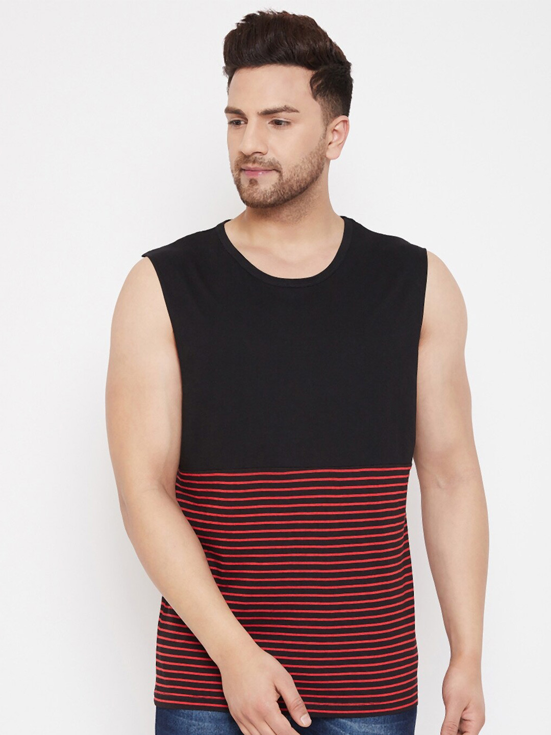 Hypernation Men Black And Red Striped Sleeveless T-shirt