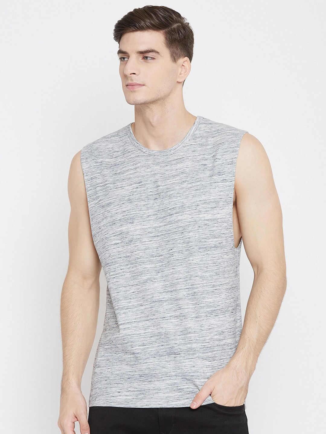 Hypernation Men Grey Melange Round Neck Loose T-shirt