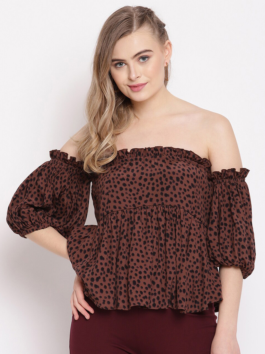 Amagyaa Brown Animal Print Off-Shoulder Ruffles Crepe Bardot Top