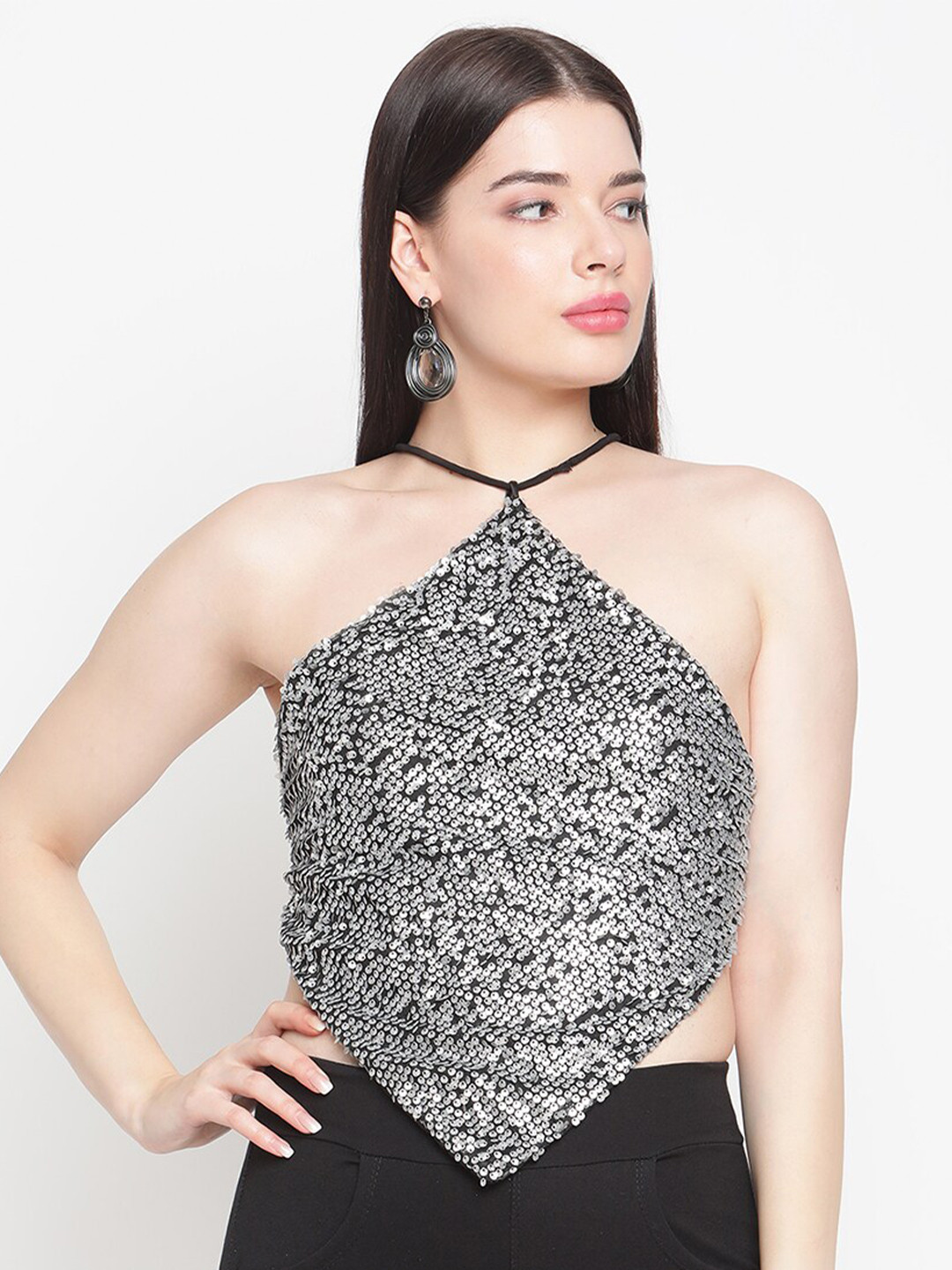 Amagyaa Grey Embellished Halter Neck Net Top
