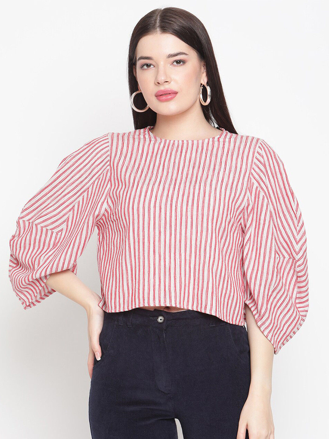 Amagyaa Red & White Puff Sleeve Striped Top