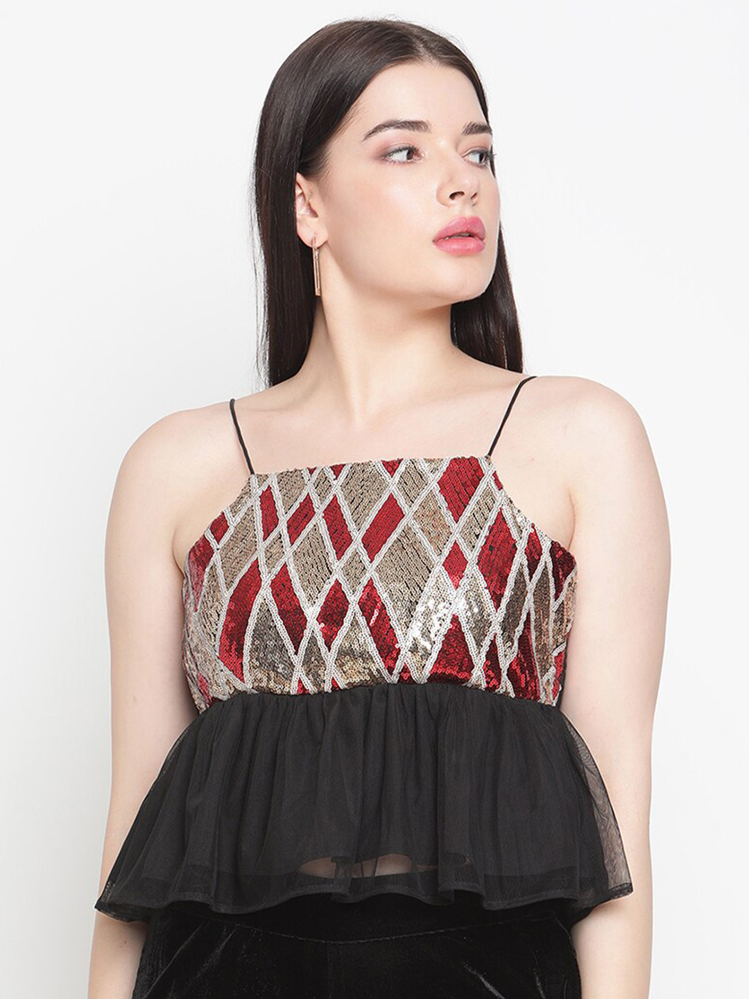 Amagyaa Red & Black Geometric Embellished Net Peplum Crop Top