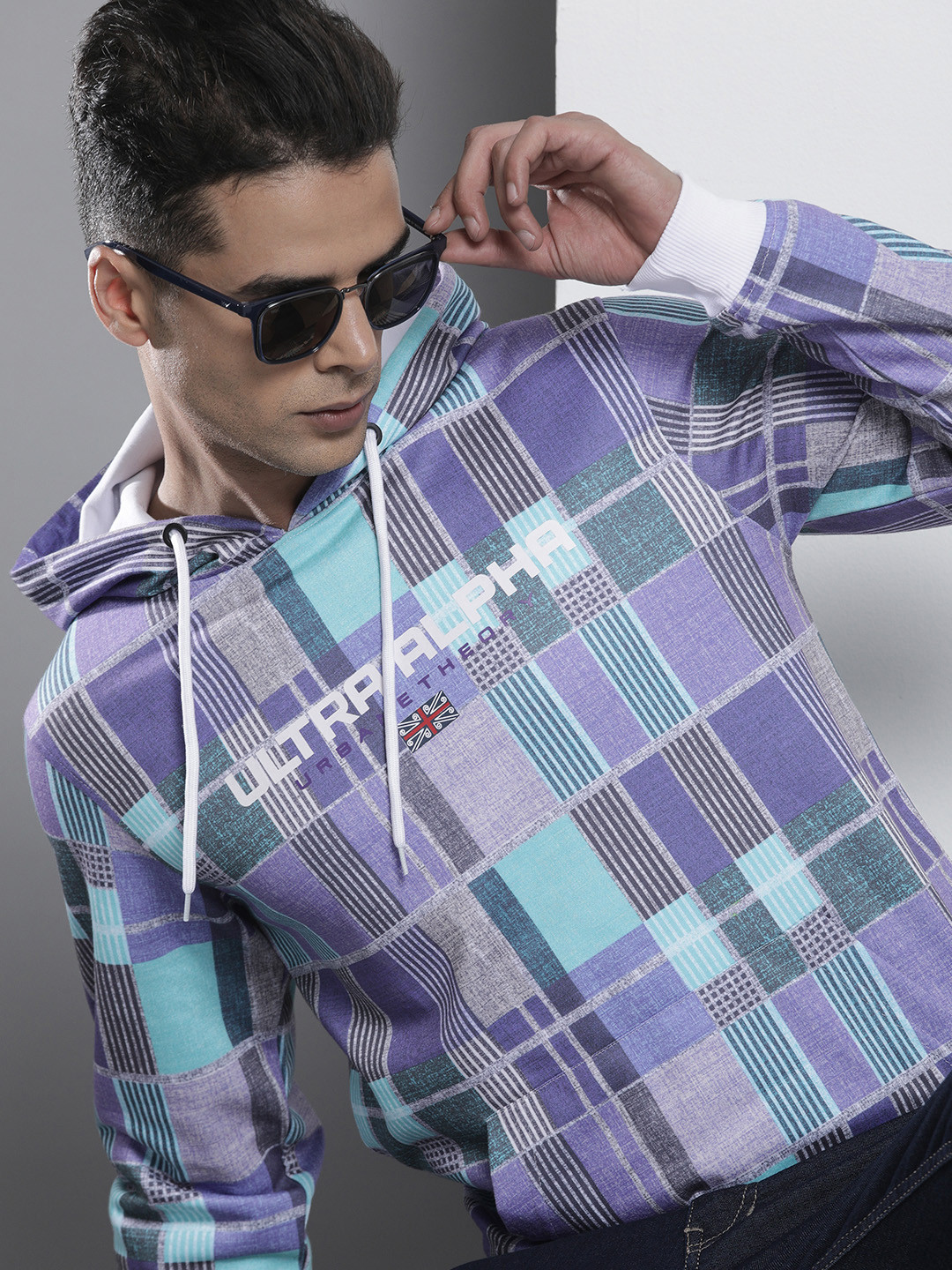 The Indian Garage Co Men Purple Checked Hooded Sweatshirt