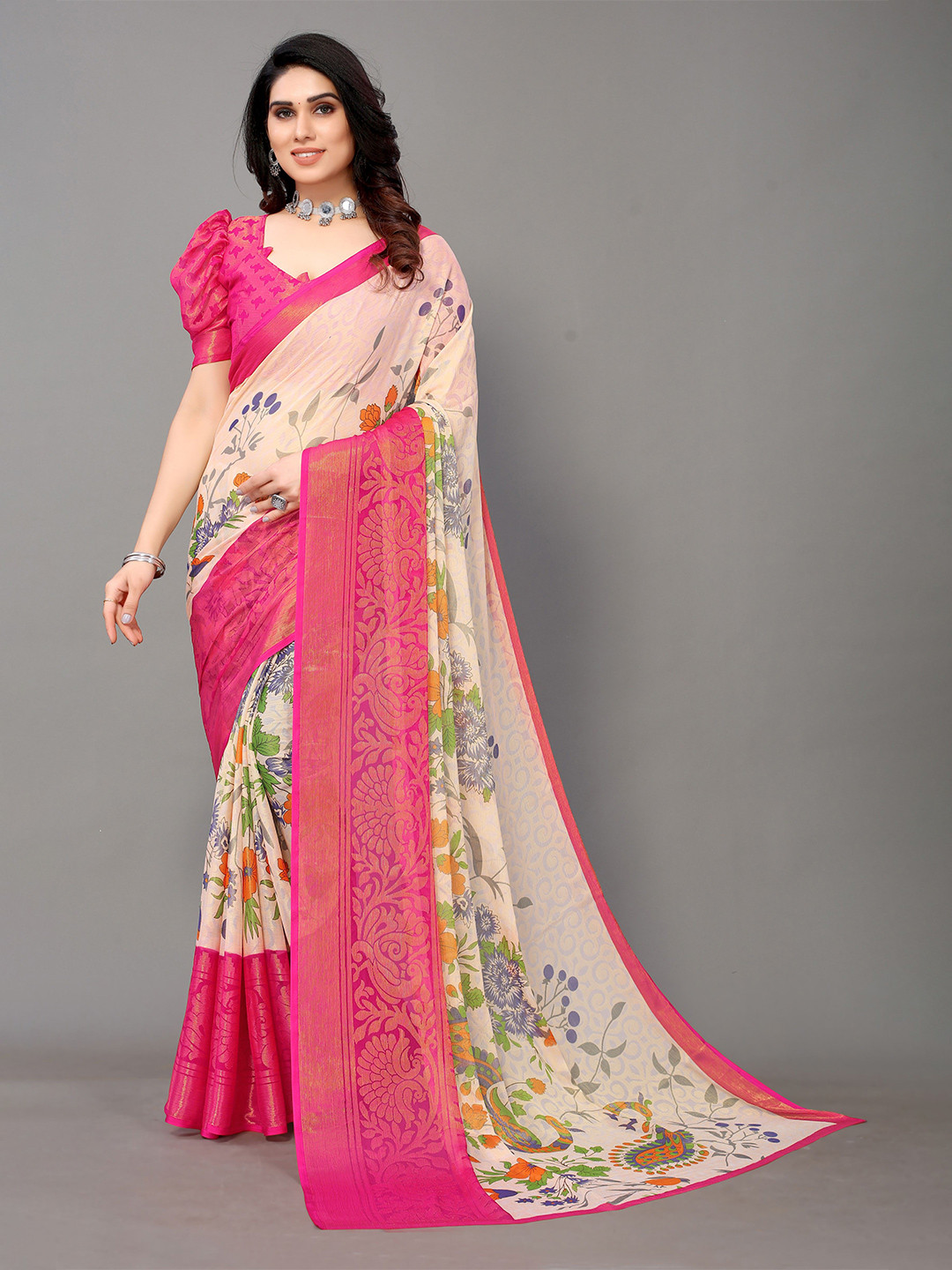 Winza Designer Pink & Cream Floral Zari Pure Chiffon Saree