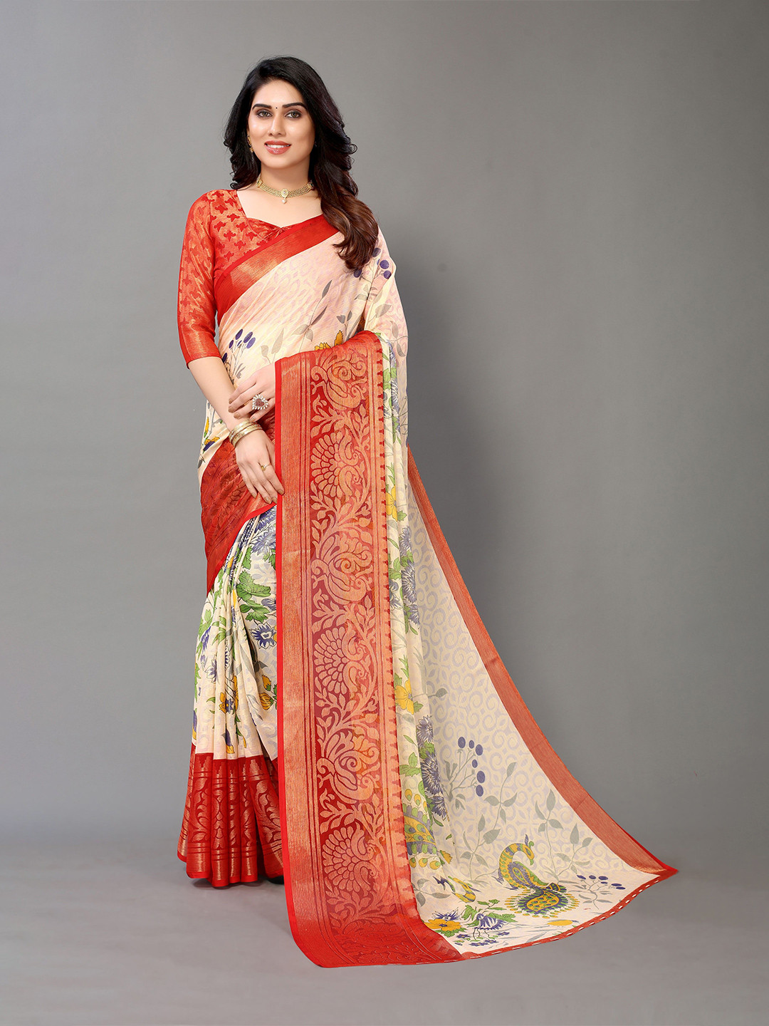 Winza Designer Red & Cream-Coloured Floral Zari Pure Chiffon Venkatgiri Saree