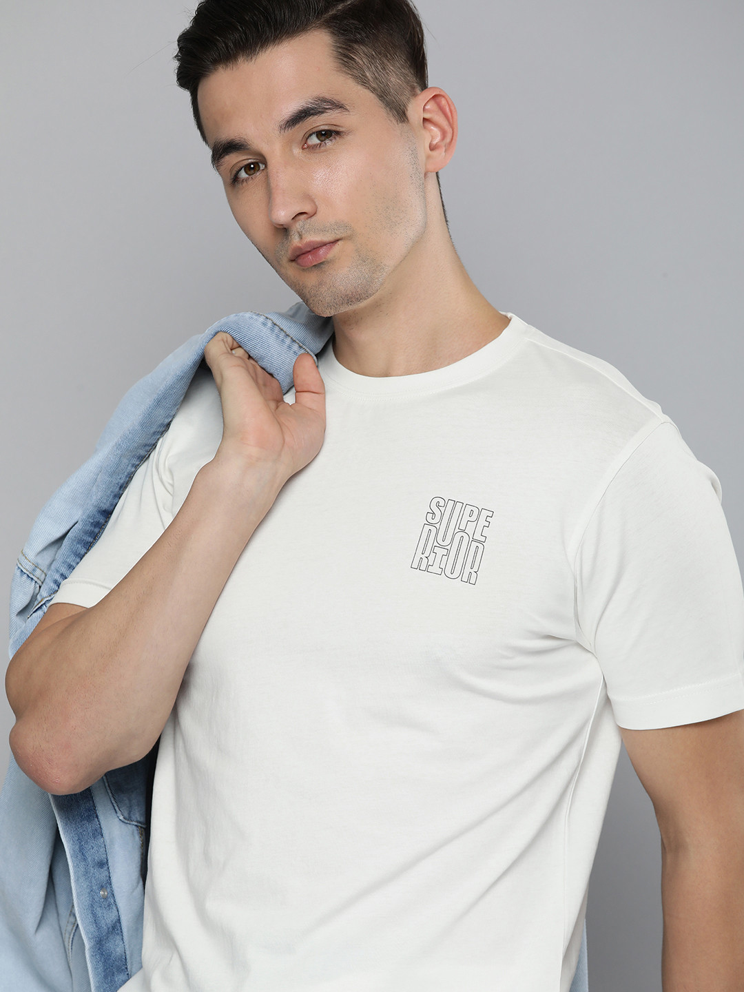 HERE&NOW Men Off White Pure Cotton Round Neck T-shirt