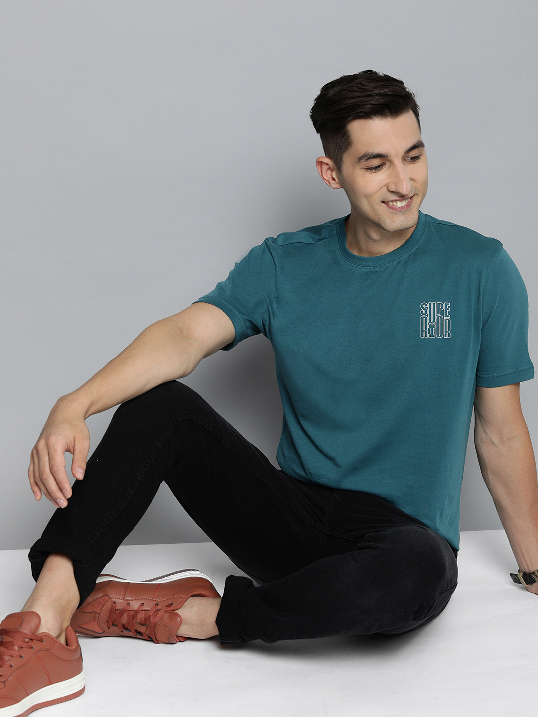 HERE&NOW Men Blue Pure Cotton T-shirt