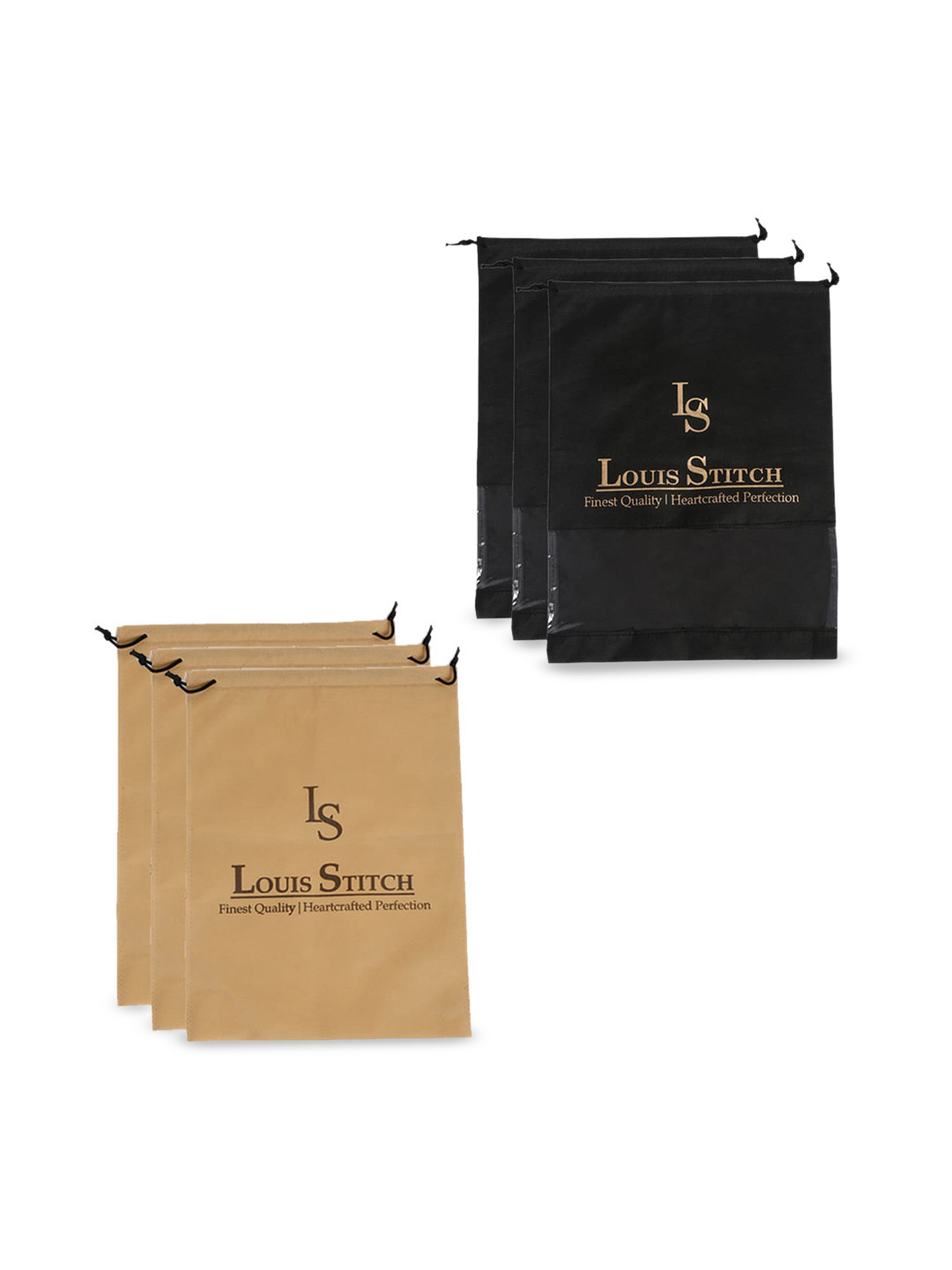 LOUIS STITCH Men Black & Beige Set Of 6 Solid Shoe Bags