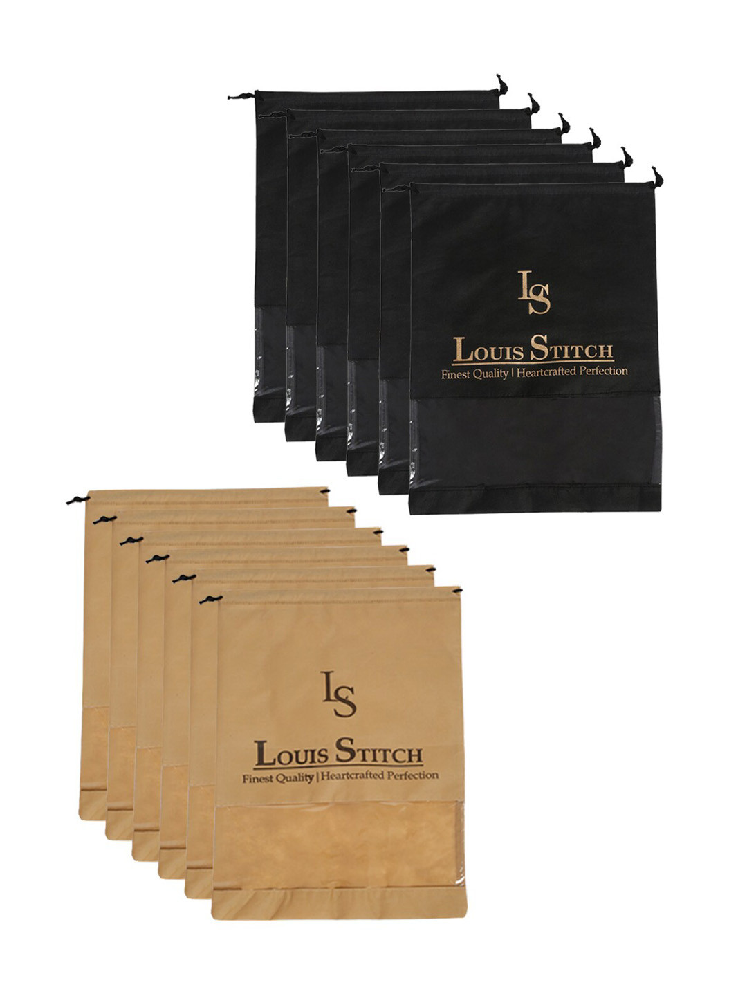 LOUIS STITCH Men Set Of 12 Black and Beige Solid Non-Woven Shoe Bag with Drawstrings