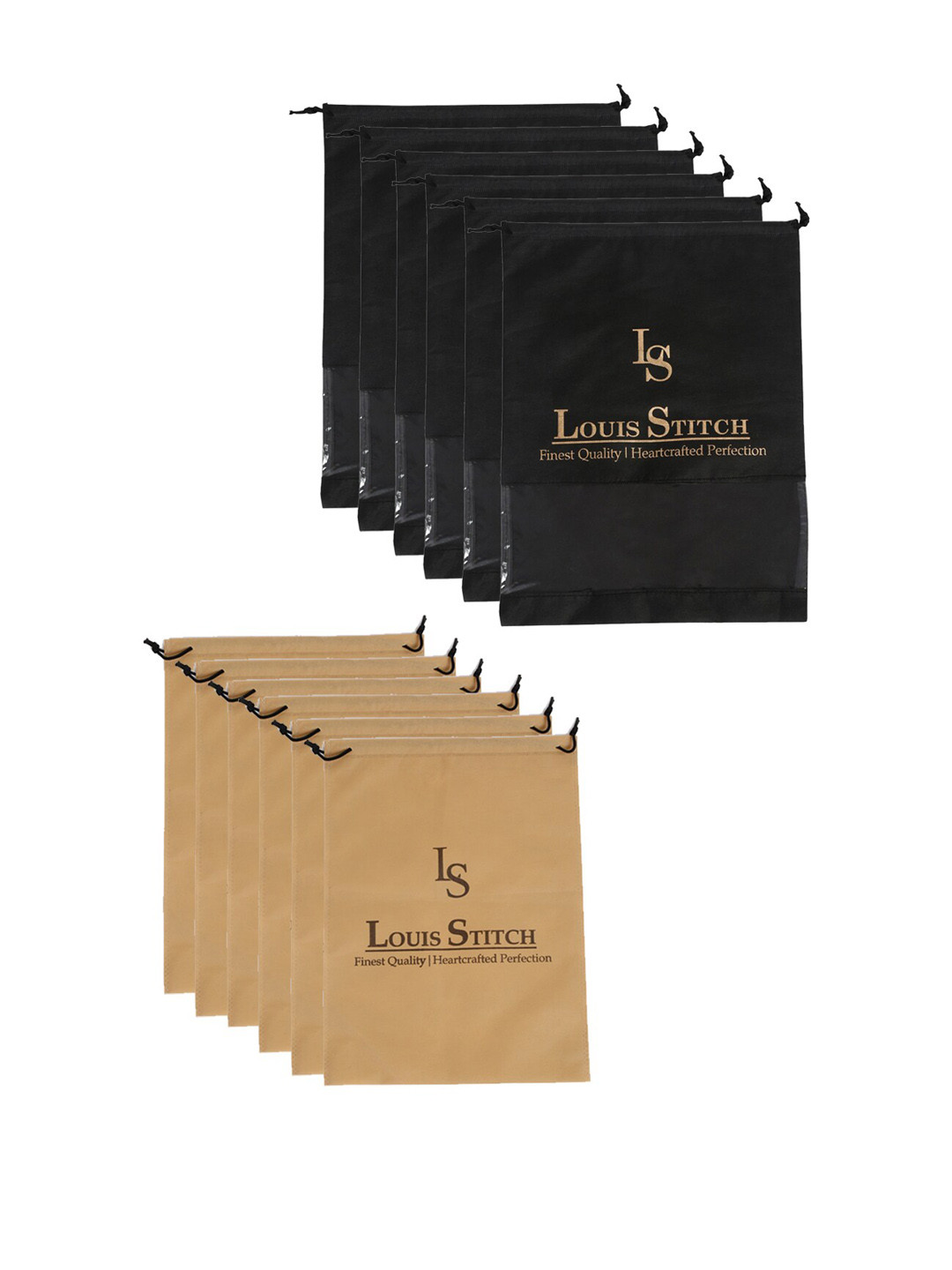 LOUIS STITCH Men Set Of 12 Black & Beige Solid Shoe Bags with Drawstrings