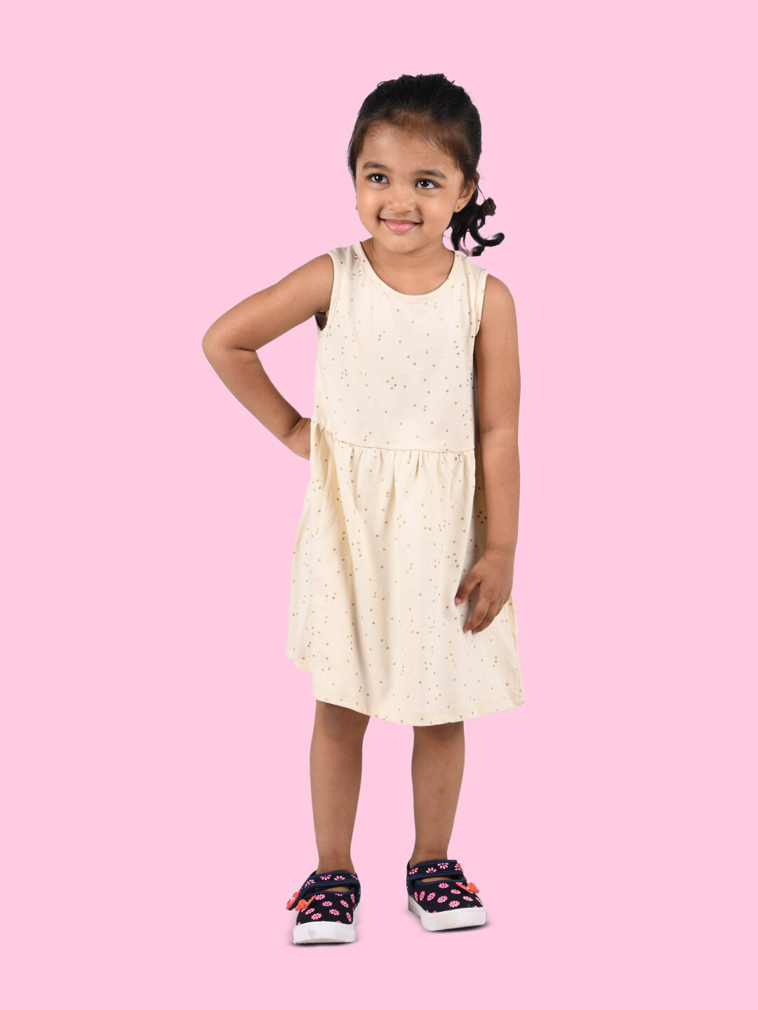 Zalio Girls Beige & Orange Pure Cotton Drop-Waist Dress