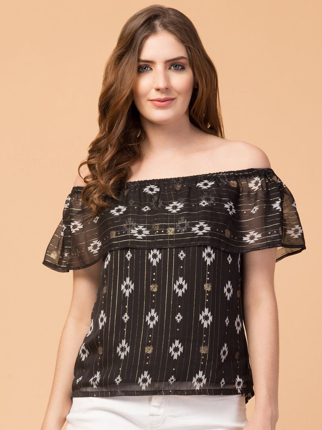 Hive91 Black & White Off-Shoulder Chiffon Bardot Top