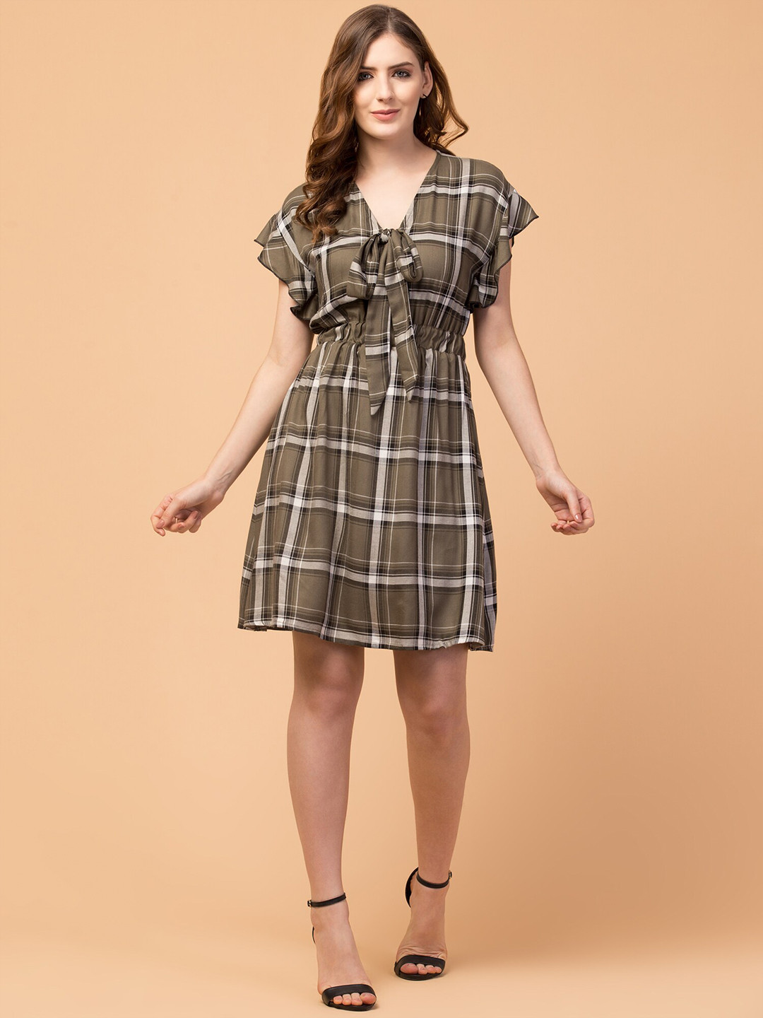 Hive91 Women Green Printed Checked Dress