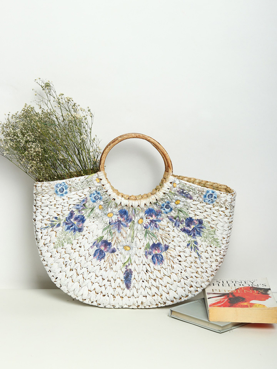 HABERE INDIA White Jute Floral Textured Half Moon SeaGrass Handheld Bag