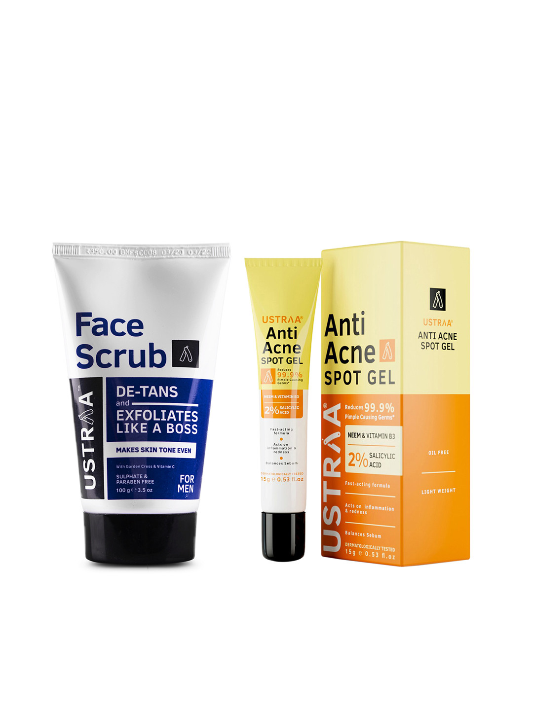 Ustraa De-Tan Face Scrub 100g with Anti-Acne Spot Gel 15g