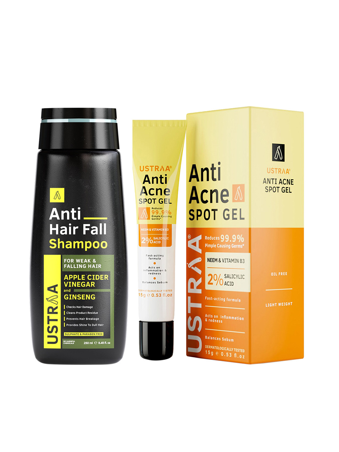 Ustraa Set of Anti Hair Fall Shampoo 250 ml & Oil Free Anti-Acne Spot Gel 15 g