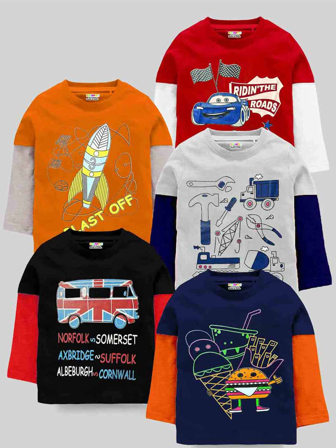 KUCHIPOO Kids Black, Blue ,Orange ,Grey & Red  5 Printed Extended Sleeves T-shirt