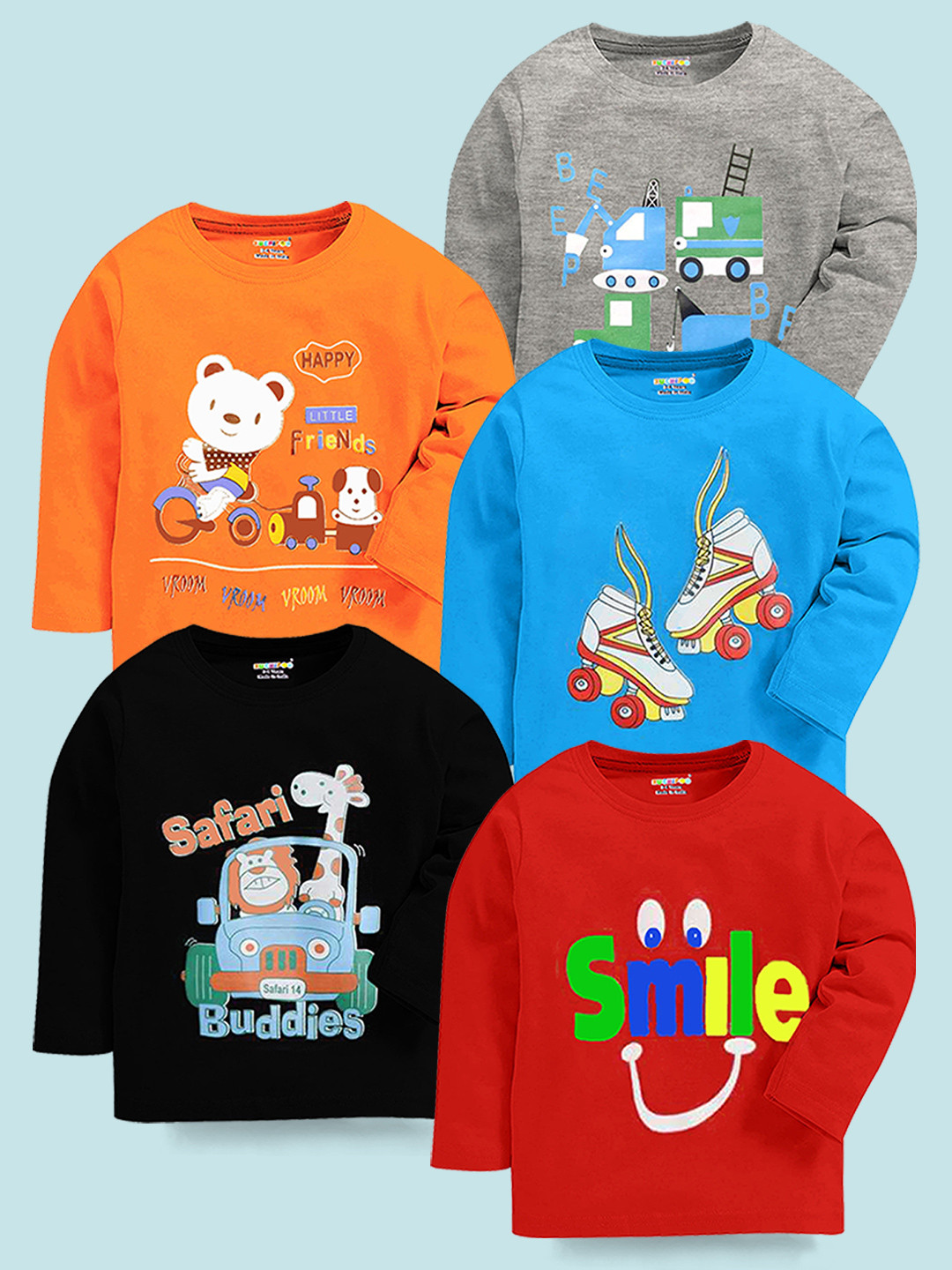 KUCHIPOO Boys Multicolored Pack Of 5 Printed Cotton T-shirt