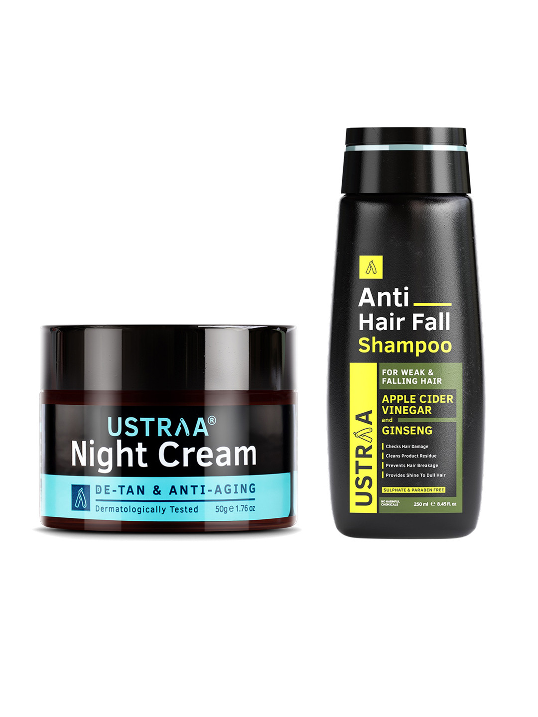Ustraa Set of Anti Hair Fall Shampoo 250 ml & De-Tan Anti-Aging Night Cream 50 g