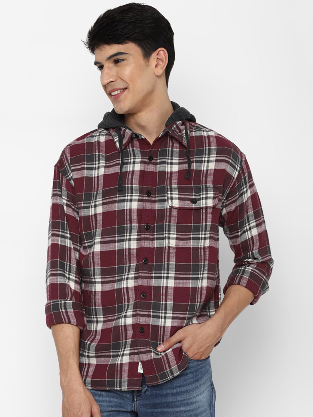 AMERICAN EAGLE OUTFITTERS Men Burgundy Tartan Checks Pure Cotton Hooded Casual Shirt