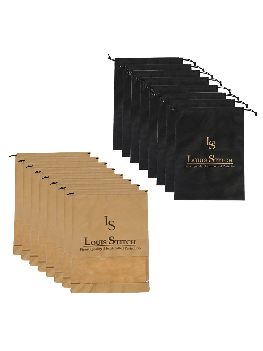 LOUIS STITCH Set Of 16 Beige & Black Non-Woven Shoe Bags with Drawstrings