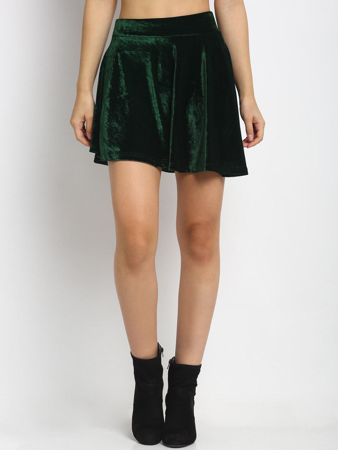 NEUDIS Women Green Solid Velvet Flared Mini Skirt