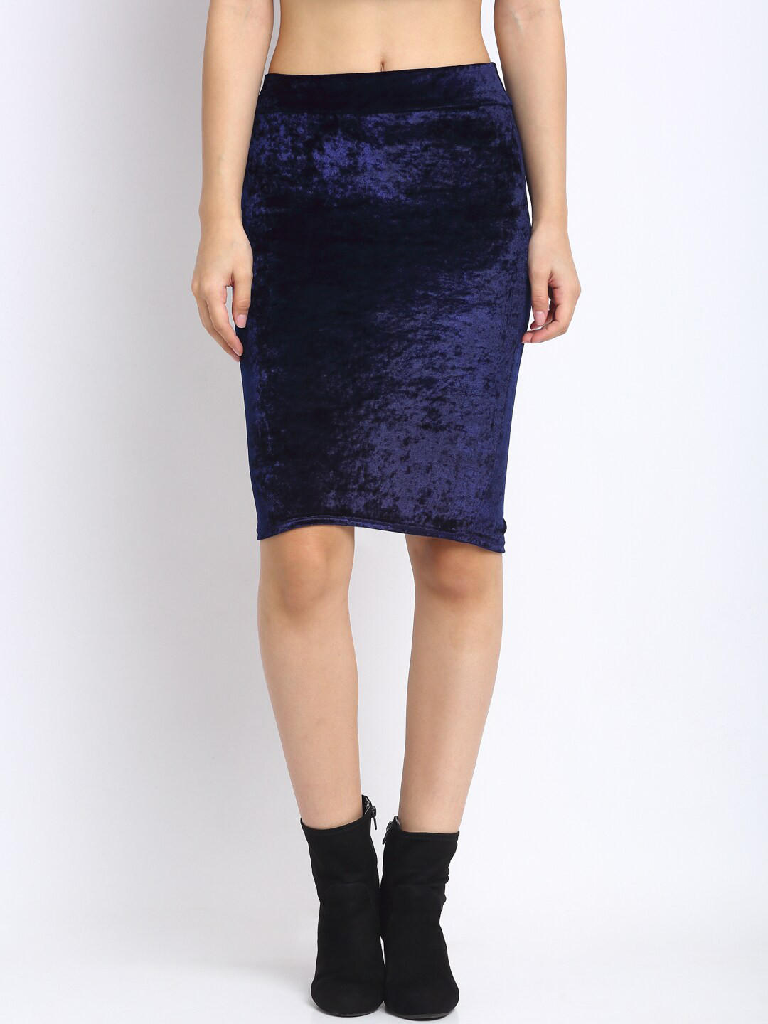 NEUDIS Women Navy Blue Solid Velvet Pencil Midi Skirt