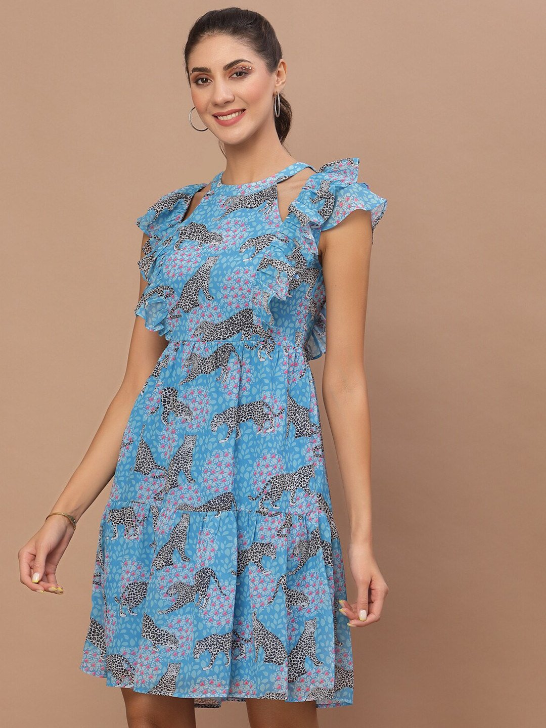 KASSUALLY Blue Animal Print Georgette Frill Dress