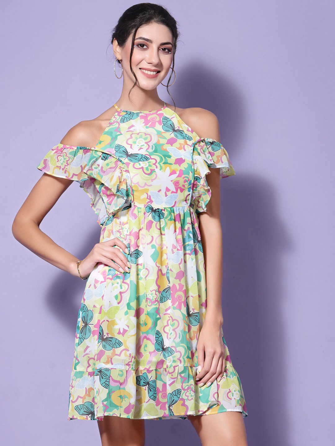 KASSUALLY Yellow Floral Flared Ruffle Georgette Midi Dress