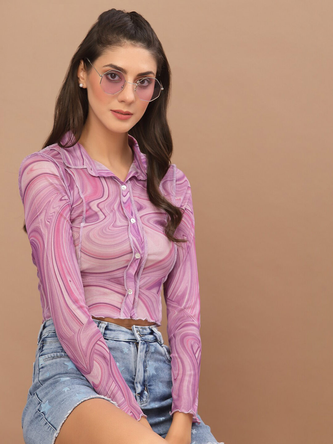 KASSUALLY Women Purple Semi Sheer Printed Casual Shirt