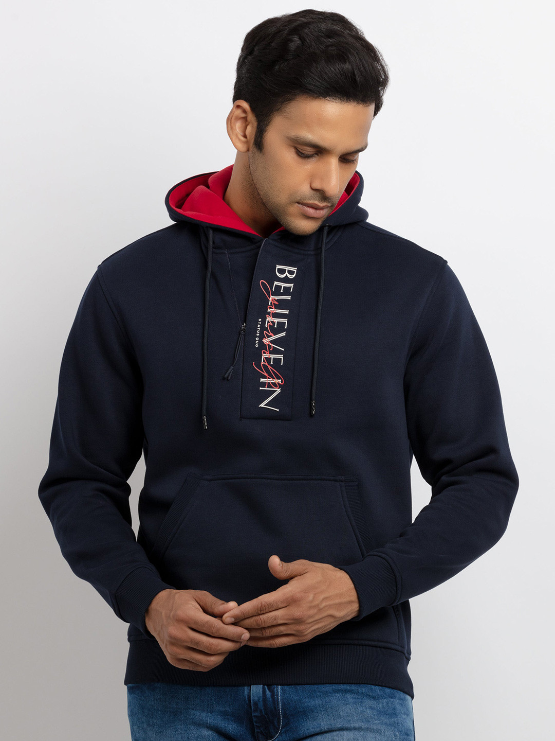 Status Quo Men Navy Blue Printed Hooded Sweatshirt