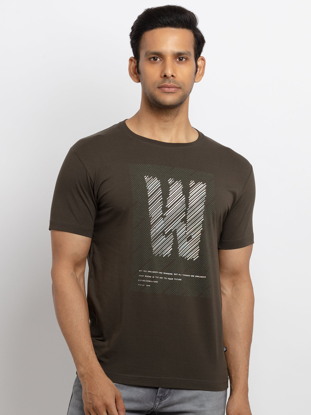 Status Quo Men Olive Green Printed T-shirt